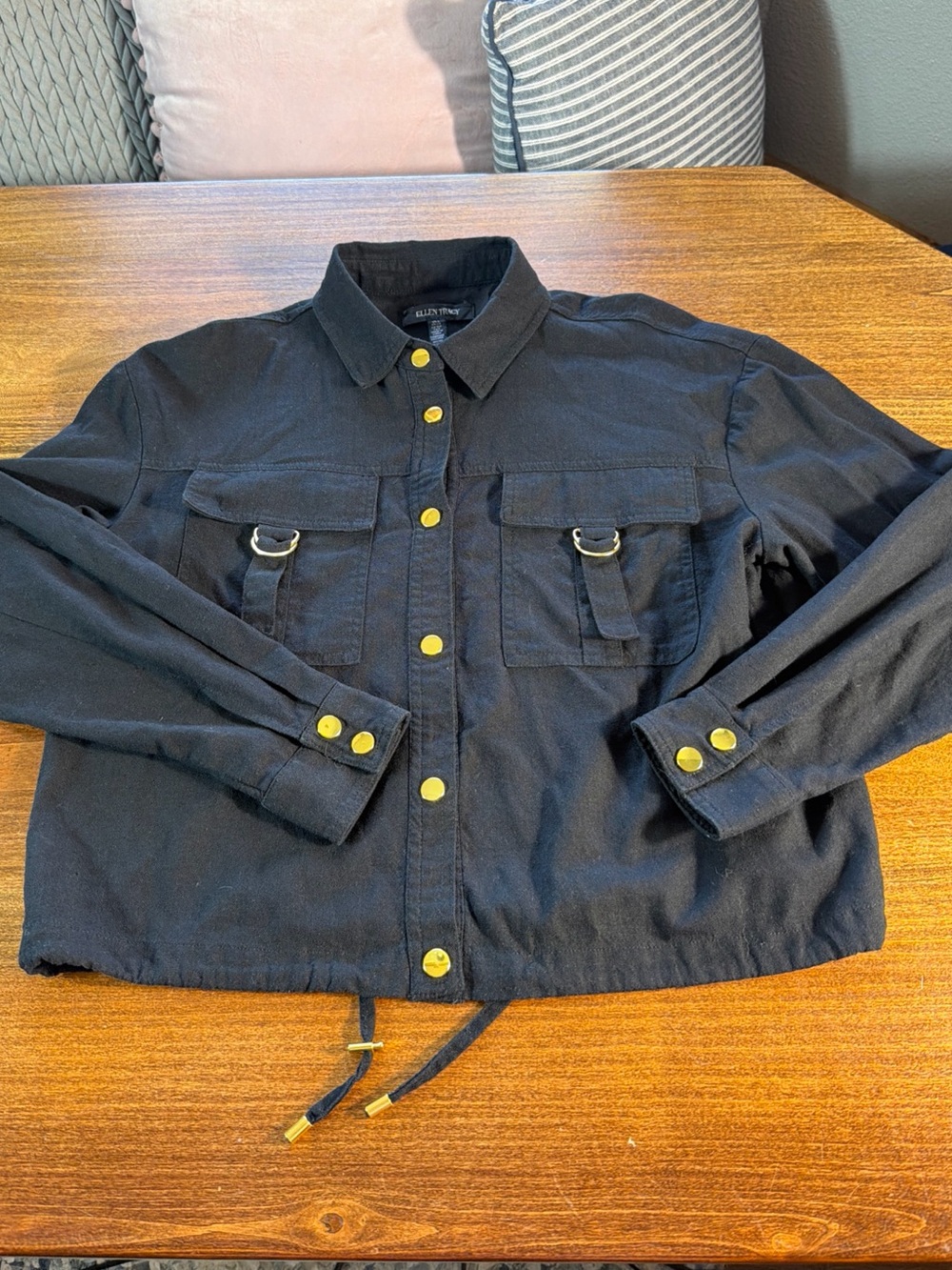 Ellen Tracy Black Jacket with Gold Buttons Linen Blend